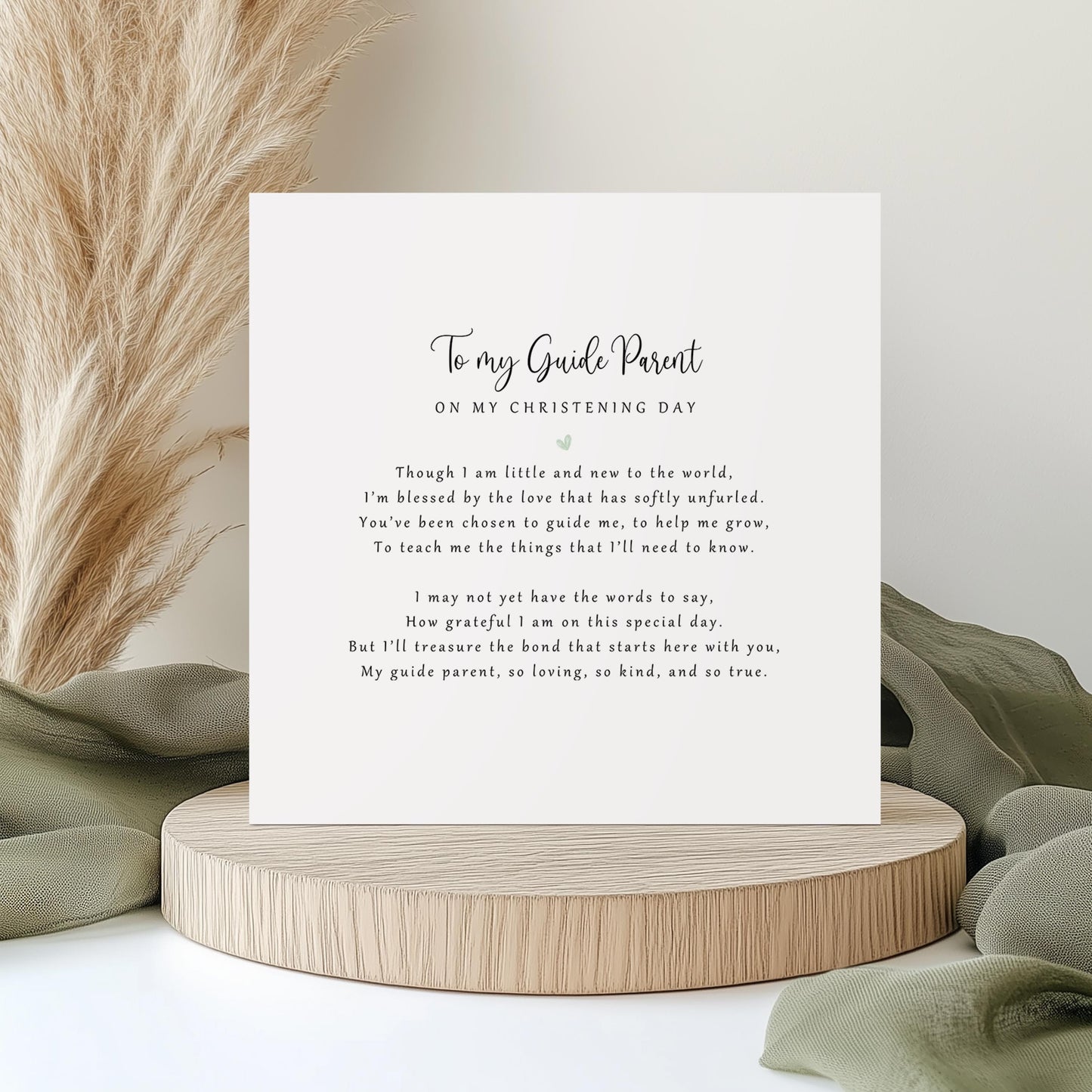 Personalised christening day poem card from baby to guide parent, printed on recycled card with kraft envelope.