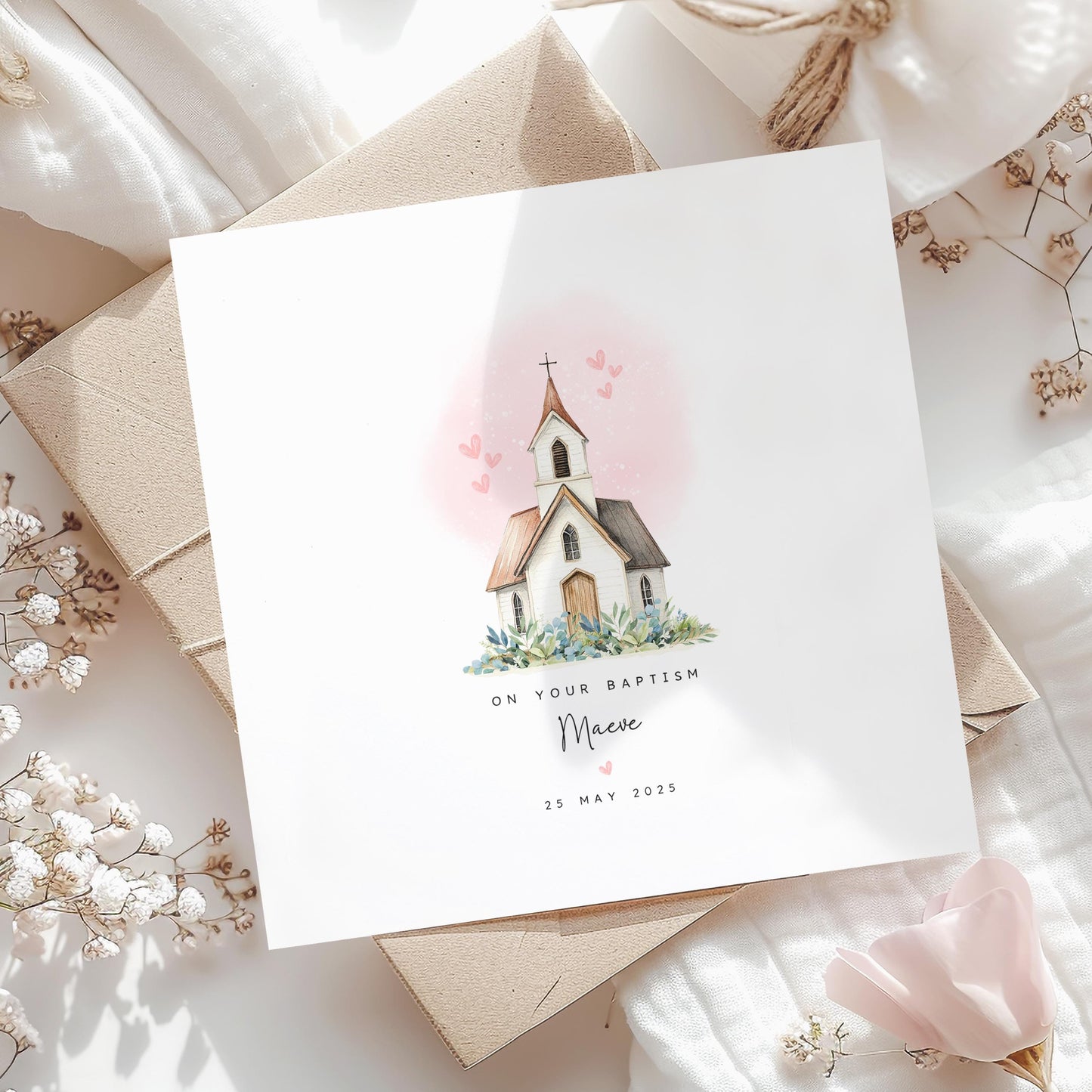 Personalised christening or baptism card for girls featuring a church with pink hearts. Customisable with name and date. Perfect keepsake for daughter, goddaughter, niece, sister or granddaughter. Eco-friendly and plastic-free.
