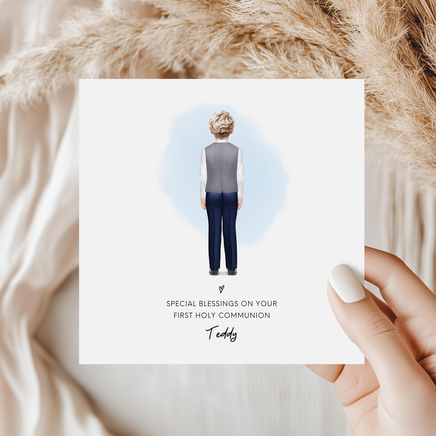 Personalised First Holy Communion card for boys featuring a back view illustration with name customisation. Ideal keepsake for son, godson, nephew or grandson on their special religious milestone.