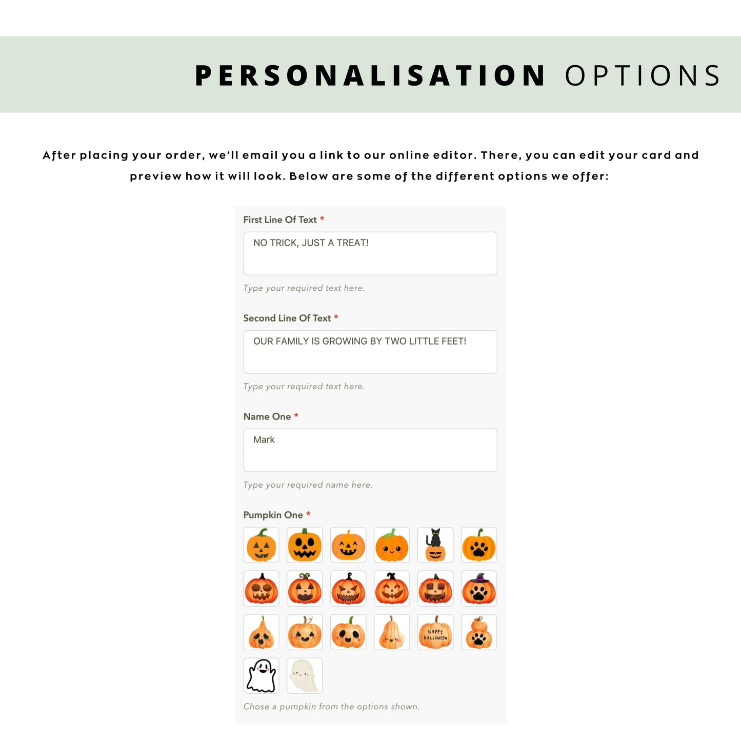 Personalised Halloween pregnancy announcement card with pastel pumpkins representing family members and a baby pumpkin with “Happy Halloween” and names underneath.