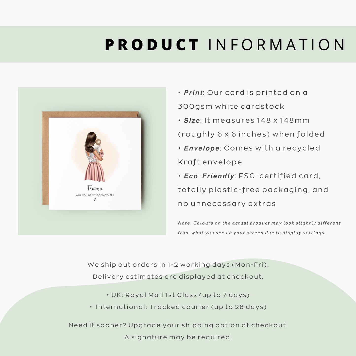 Illustrated personalised “Will You Be My Godmother?” card featuring a woman holding a baby in pink, with recipient’s name printed above. Ideal for godmother proposal, christening, or baptism keepsake.