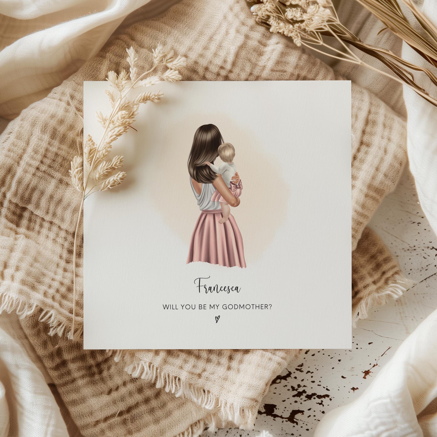 Illustrated personalised “Will You Be My Godmother?” card featuring a woman holding a baby in pink, with recipient’s name printed above. Ideal for godmother proposal, christening, or baptism keepsake.