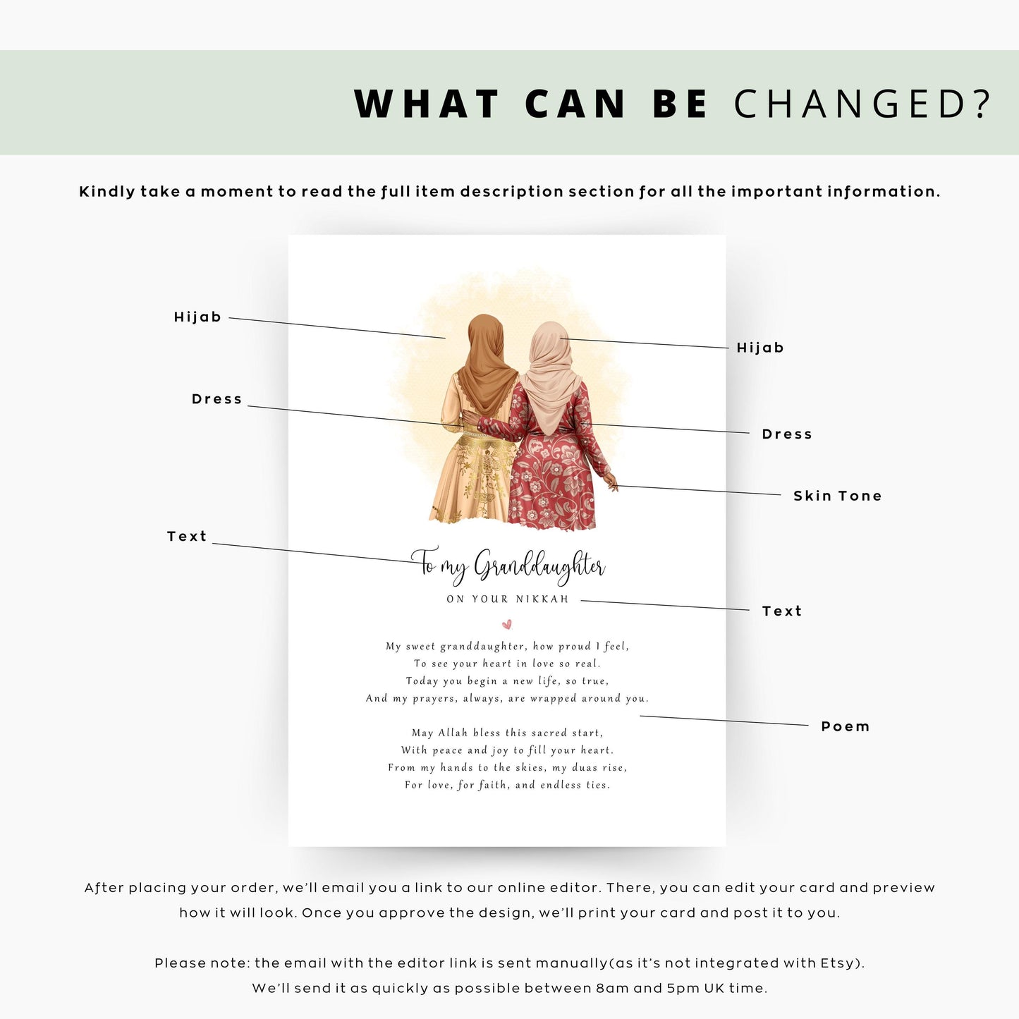 Custom Muslim wedding day artwork with names and date, grandmother and bride in neutral tones.