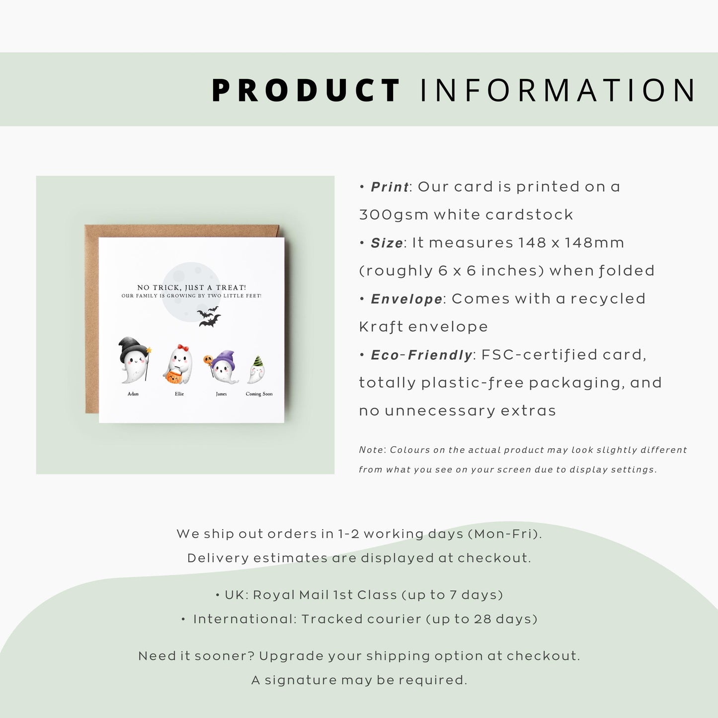 Personalised Halloween pregnancy announcement card featuring ghost family with names and “Coming Soon” baby, ideal for spooky baby reveals in autumn.