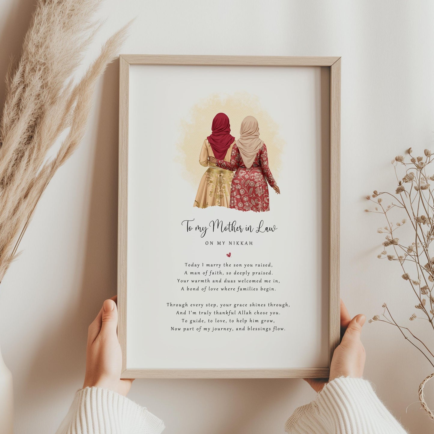 Personalised Nikkah day poem print for mother-in-law from bride. Hijabi illustration and heartfelt message framed as a Muslim wedding keepsake.