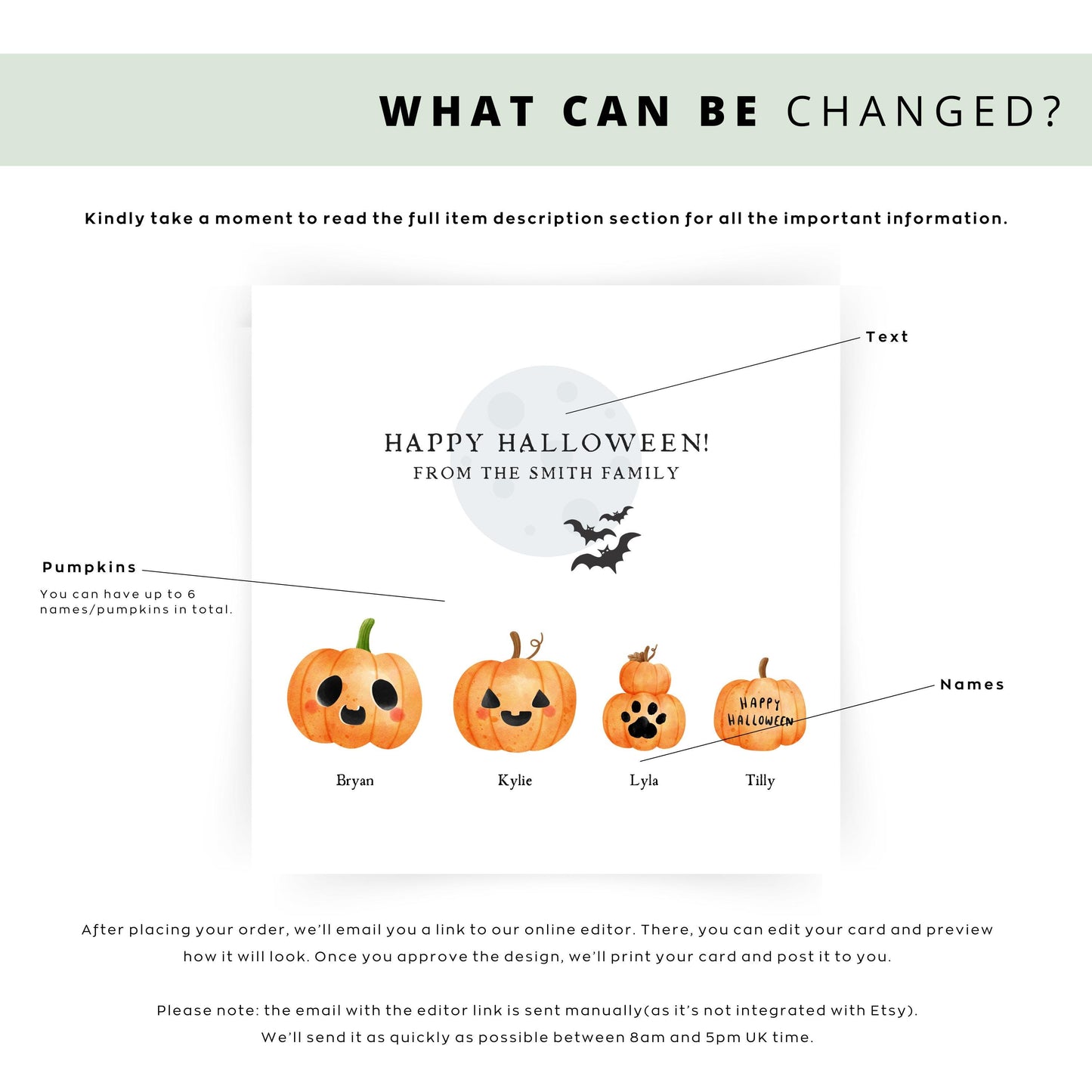 Personalised Halloween card with pastel pumpkin characters, custom names below each, and “Happy Halloween from the Smith Family” message above.