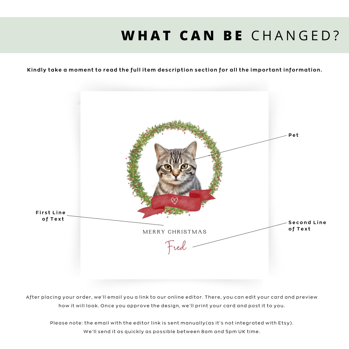 Personalised Brazilian Shorthair Cat Christmas card with festive design. Ideal gift or greeting from the cat to Cat Mum, Dad, or Sitter.