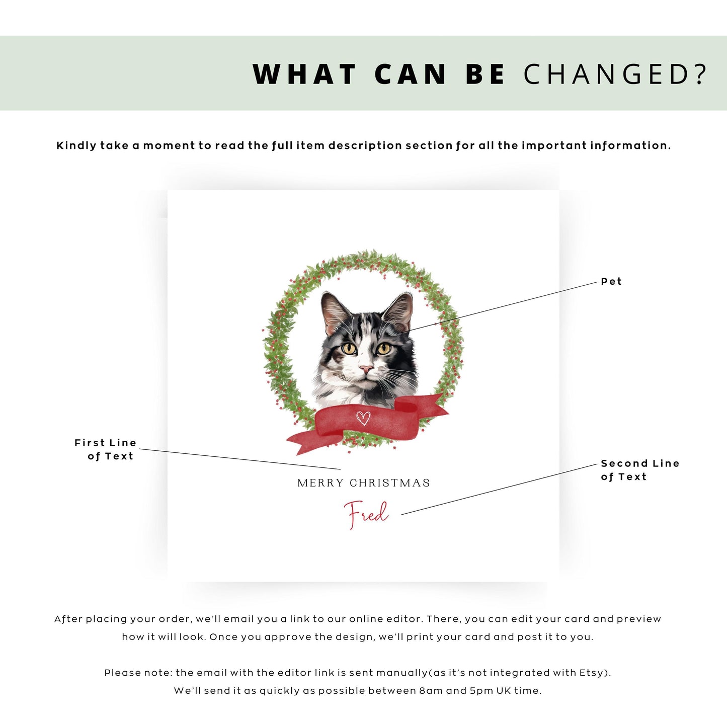 Personalised Calico cat Christmas card with festive wreath design. Ideal holiday card for Cat Mum, Cat Dad, or a cat sitter.