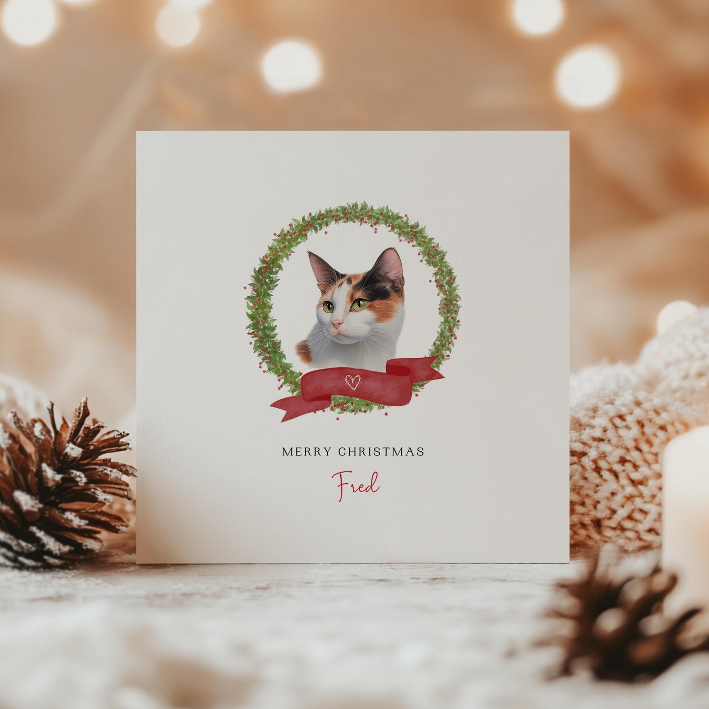 Personalised Calico cat Christmas card with festive wreath design. Ideal holiday card for Cat Mum, Cat Dad, or a cat sitter.