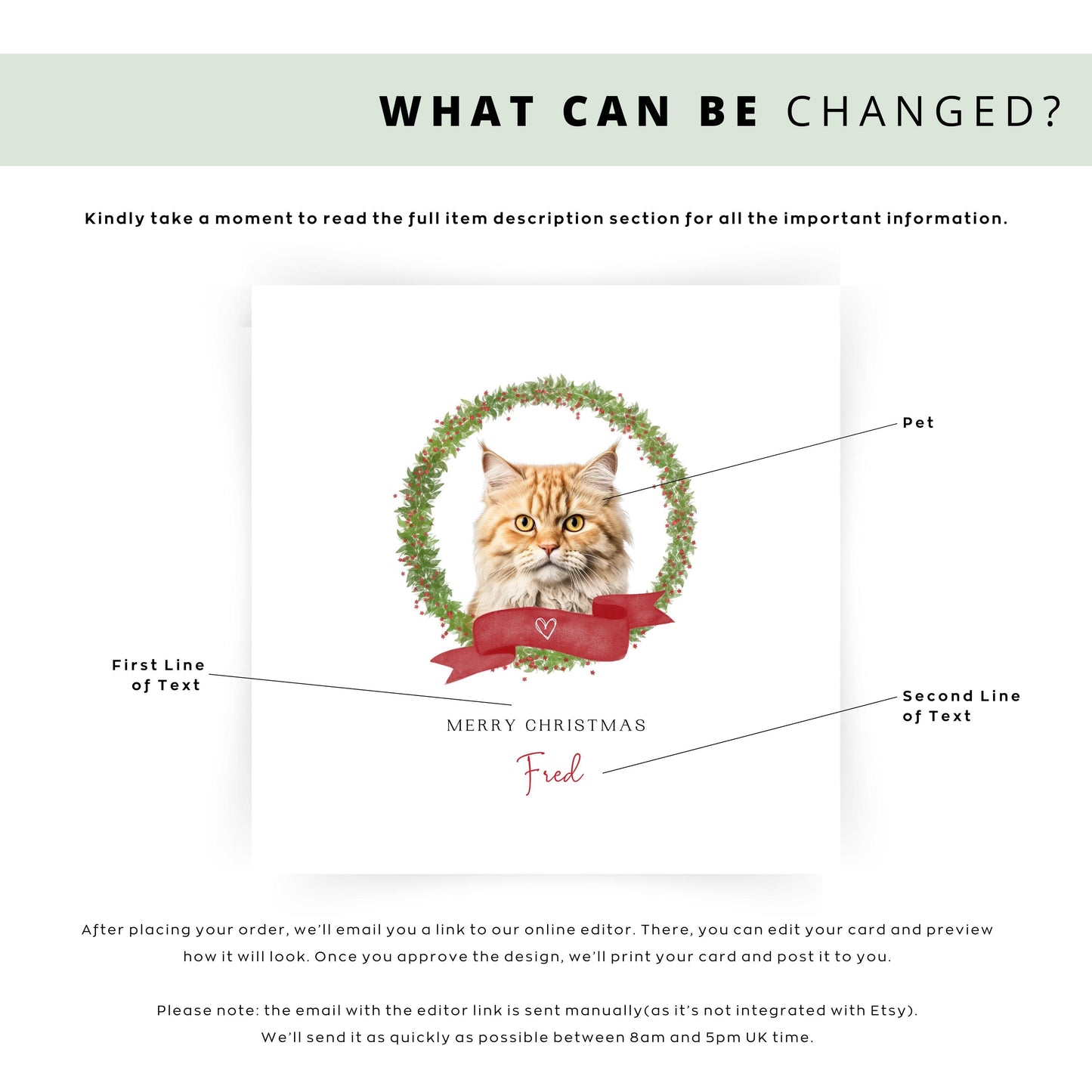 Personalised Selkirk Rex cat Christmas card with festive wreath design. Ideal holiday card for Cat Mum, Cat Dad, or a cat sitter.