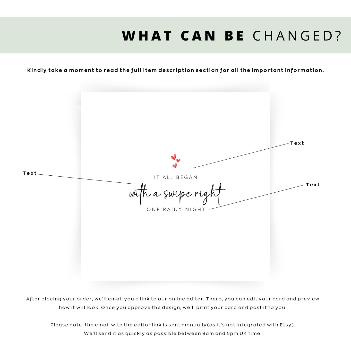 Romantic card with “It all began with a swipe right one rainy night” – clean and modern typography.
