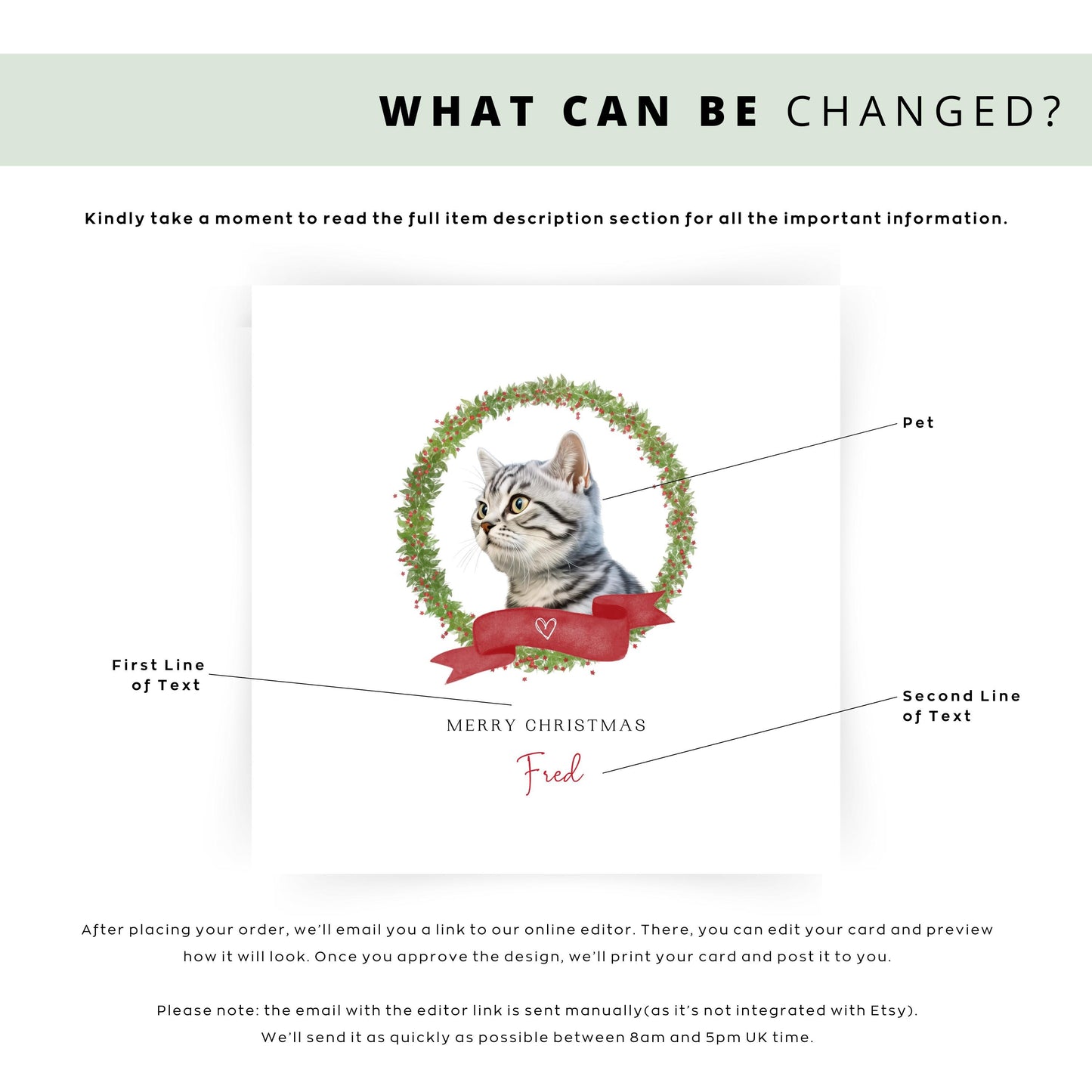 Personalised American Shorthair cat Christmas card with festive wreath and ribbon. Custom pet card for cat mums, cat dads, or sitters.