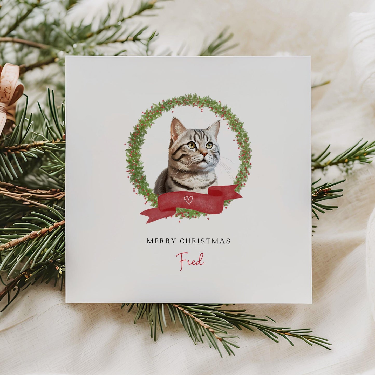 Personalised American Shorthair cat Christmas card with festive wreath and ribbon. Custom pet card for cat mums, cat dads, or sitters.