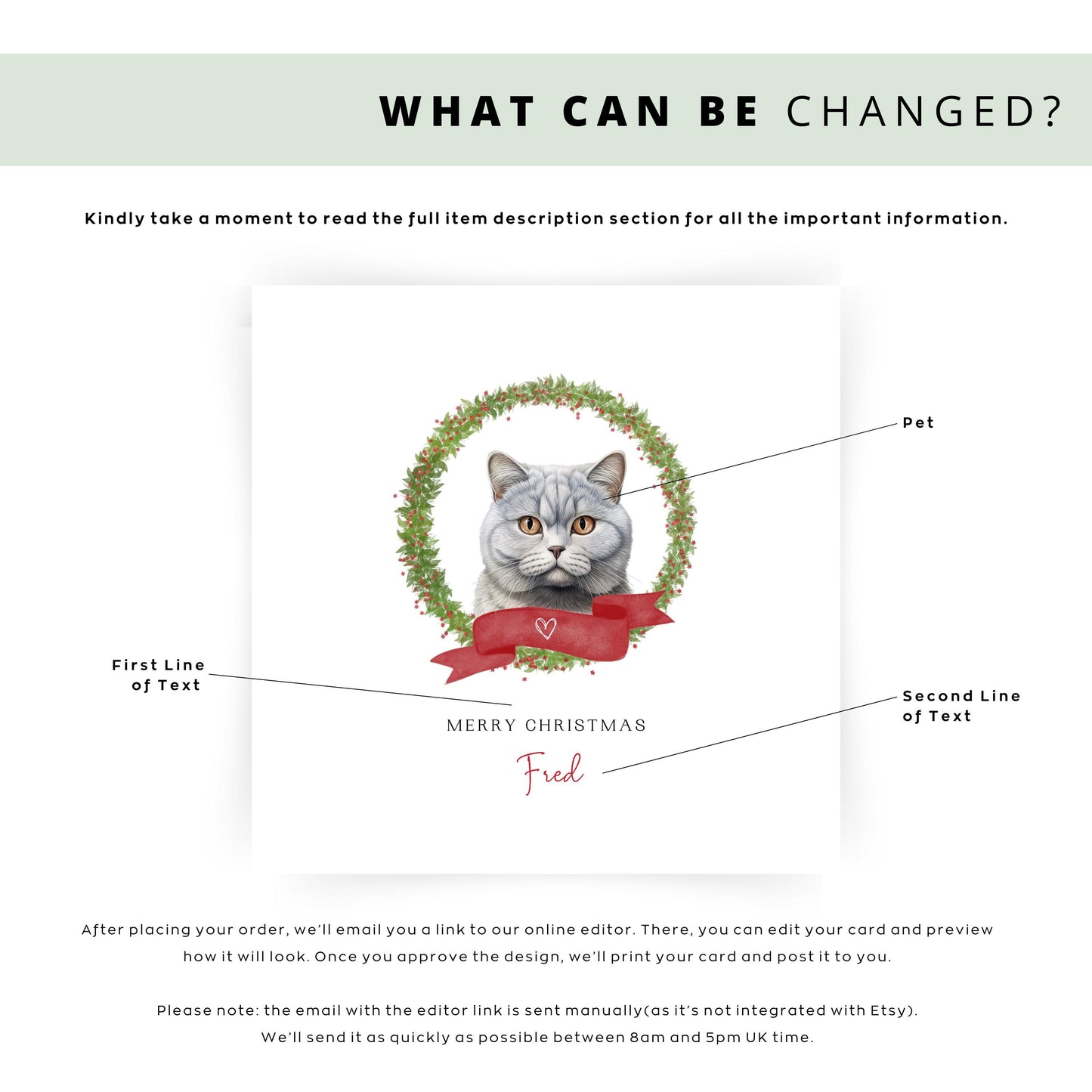 Personalised British Shorthair cat Christmas card with festive wreath design. Ideal holiday card for Cat Mum, Cat Dad, or a cat sitter.