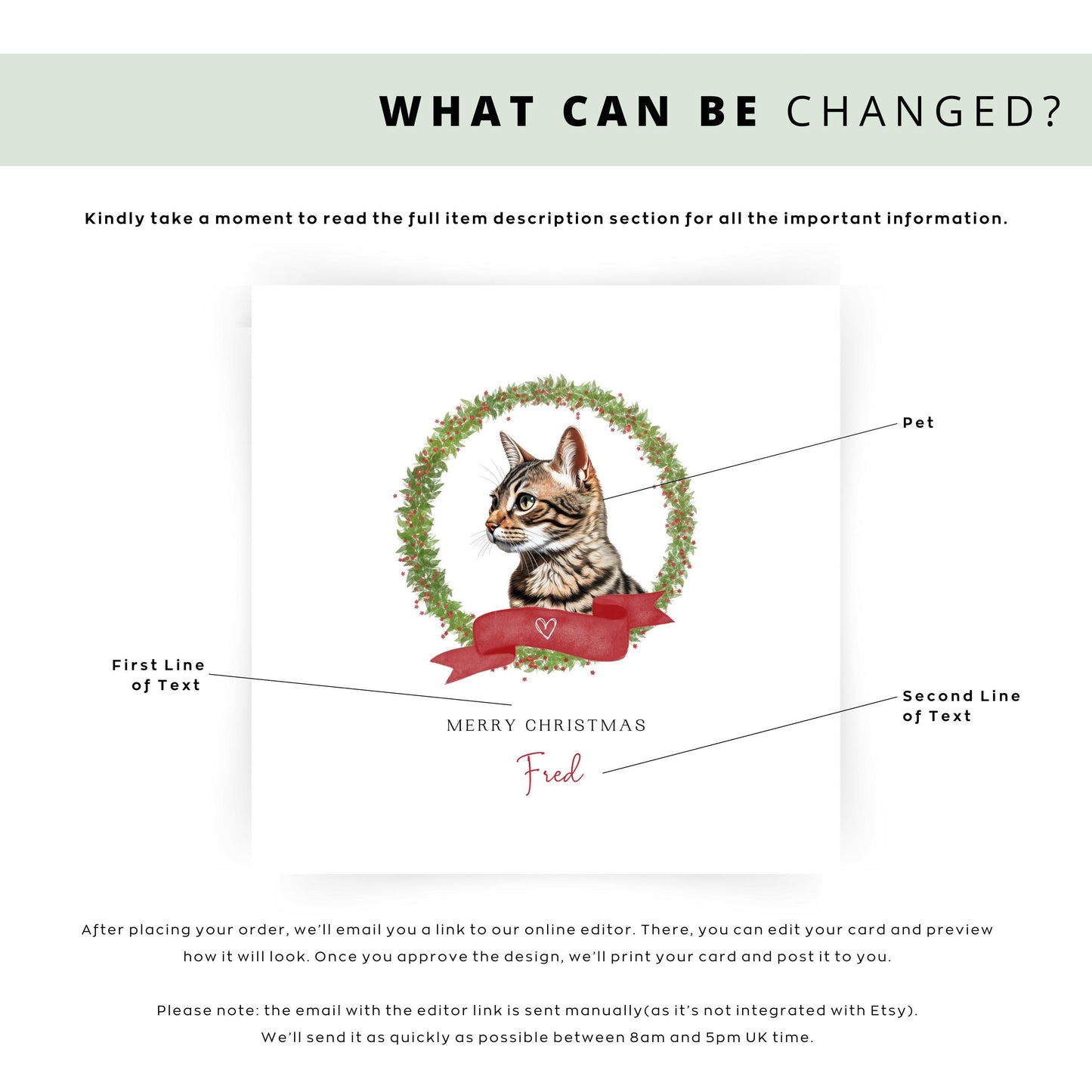 Personalised Californian Spangled cat Christmas card with festive wreath design. Ideal holiday card for Cat Mum, Cat Dad, or a cat sitter.