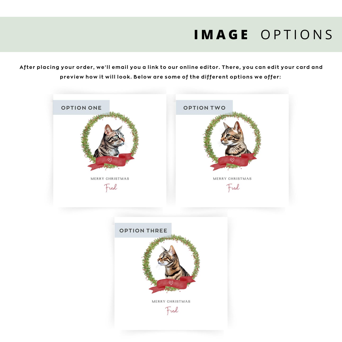 Personalised Californian Spangled cat Christmas card with festive wreath design. Ideal holiday card for Cat Mum, Cat Dad, or a cat sitter.