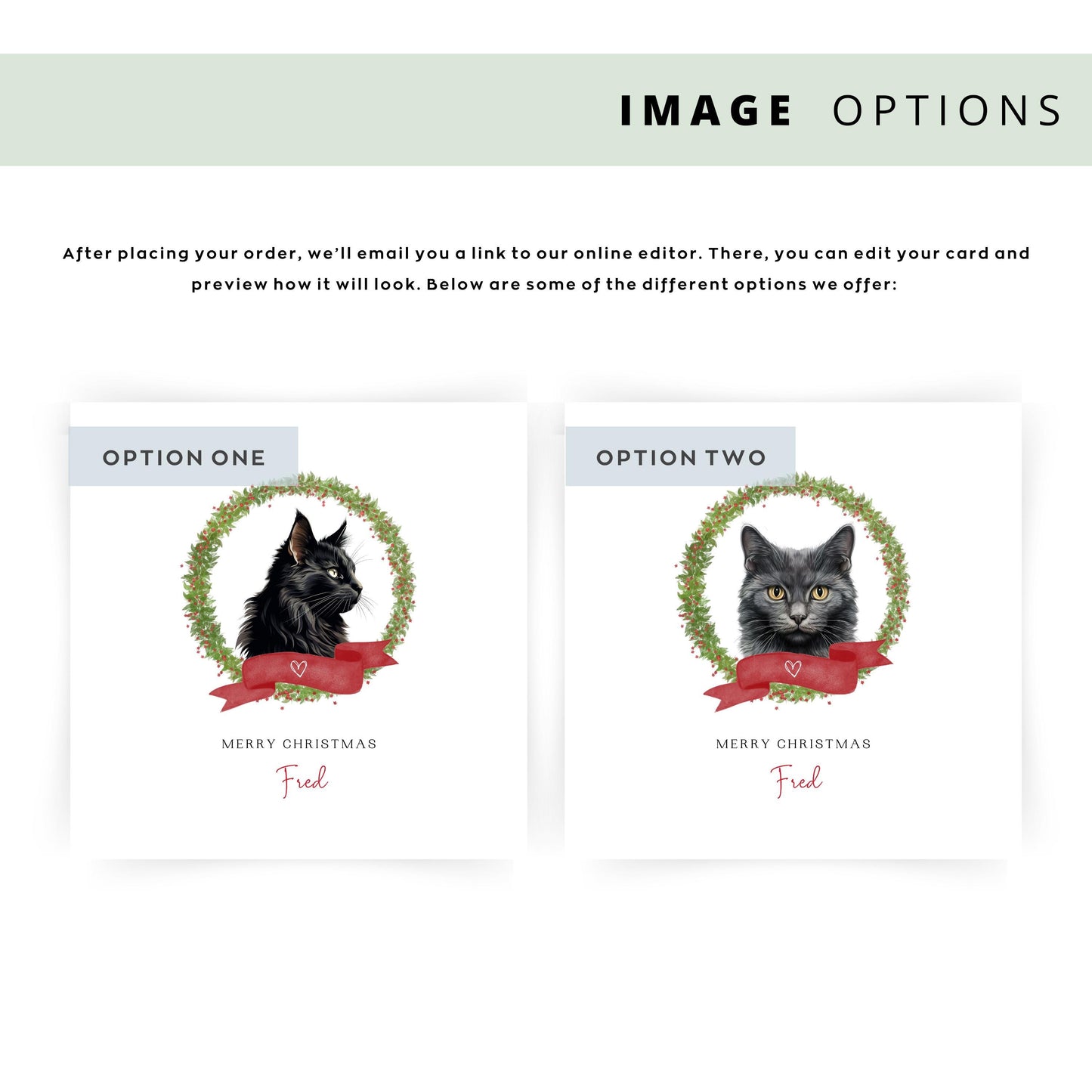 Personalised Chantilly Tiffany cat Christmas card with festive wreath design. Ideal holiday card for Cat Mum, Cat Dad, or a cat sitter.