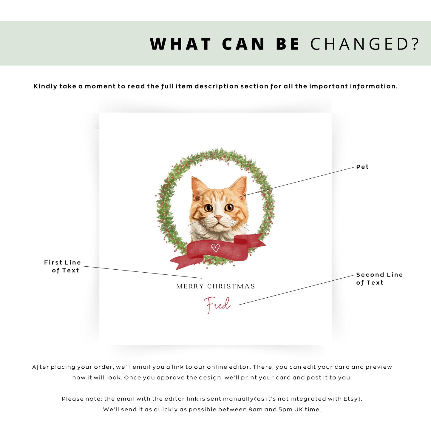 Personalised Munchkin cat Christmas card with festive wreath design. Ideal holiday card for Cat Mum, Cat Dad, or a cat sitter.