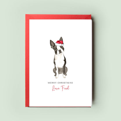 Boston Terrier-themed Christmas Card, lovingly created &#39;From the Dog,&#39; an ideal festive pet card for Dog Mum and Dad, with charming holiday design.