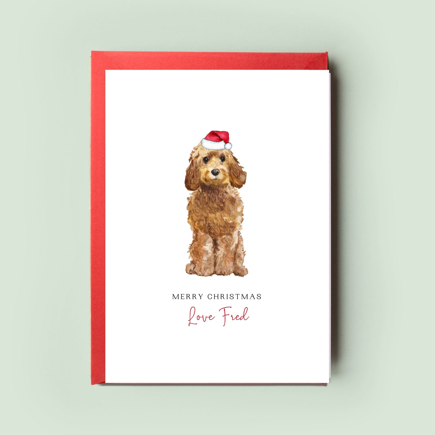 Charming Cockapoo Christmas card, available in black, golden, brown or champagne. A heartfelt greeting from the dog, this card is a perfect surprise for dog dad or dog mum.