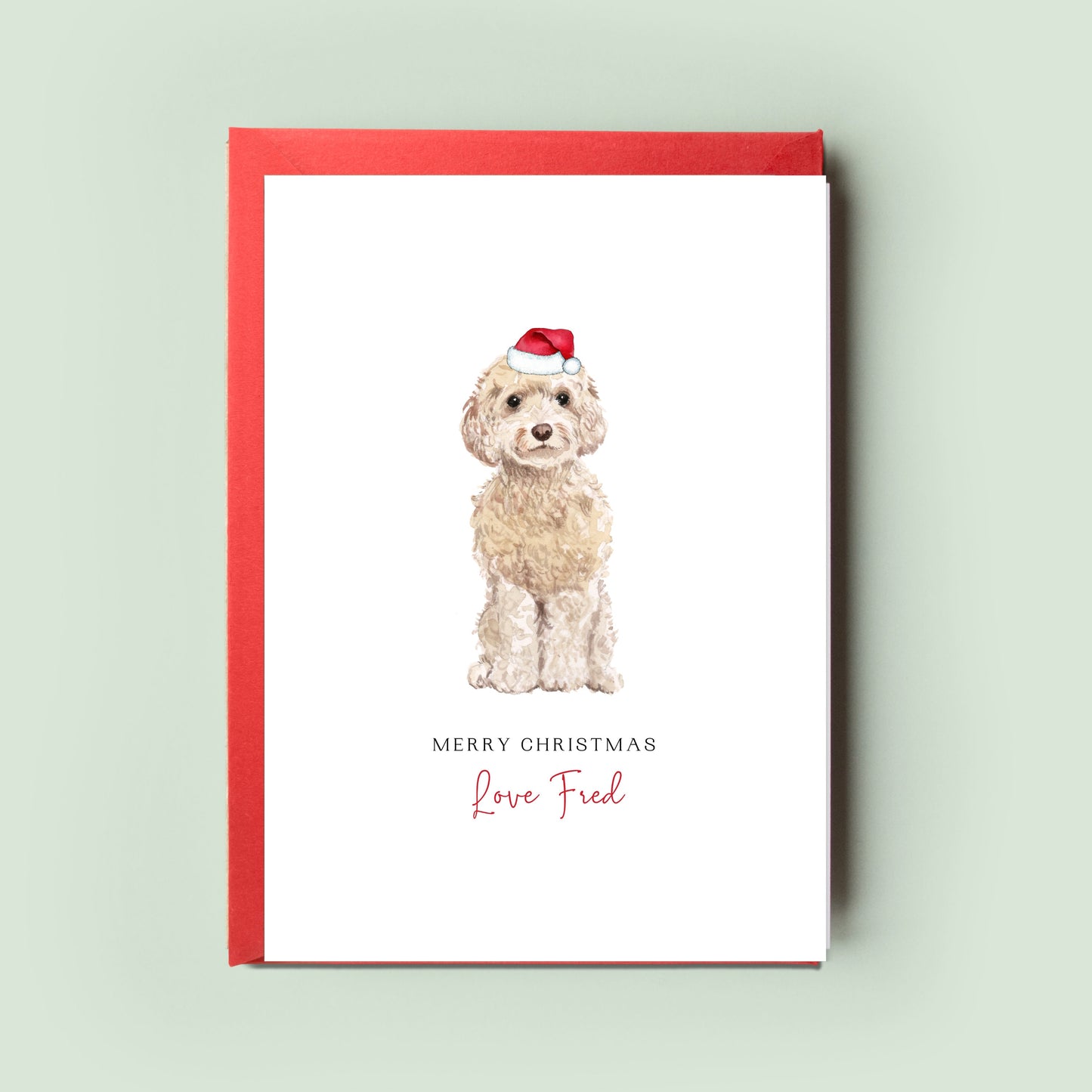 Charming Cockapoo Christmas card, available in black, golden, brown or champagne. A heartfelt greeting from the dog, this card is a perfect surprise for dog dad or dog mum.