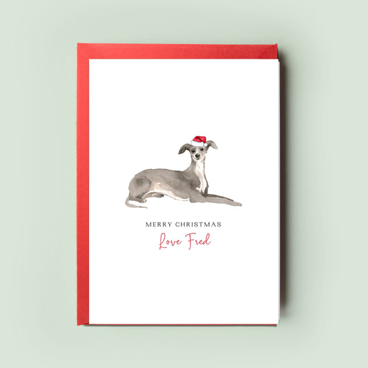 A festive Greyhound Christmas card, uniquely crafted for dog parents, capturing the elegance and grace of the Greyhound breed, perfect holiday greeting from the dog.