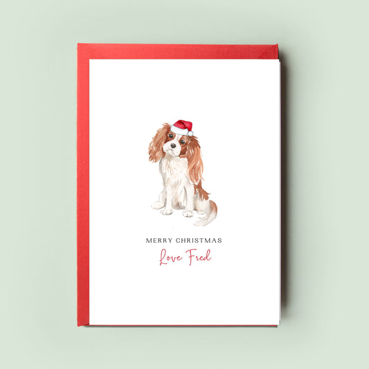 Elegant King Charles Cavalier Christmas Card, uniquely crafted to convey warm festive wishes from the dog to the dog mum and dad.