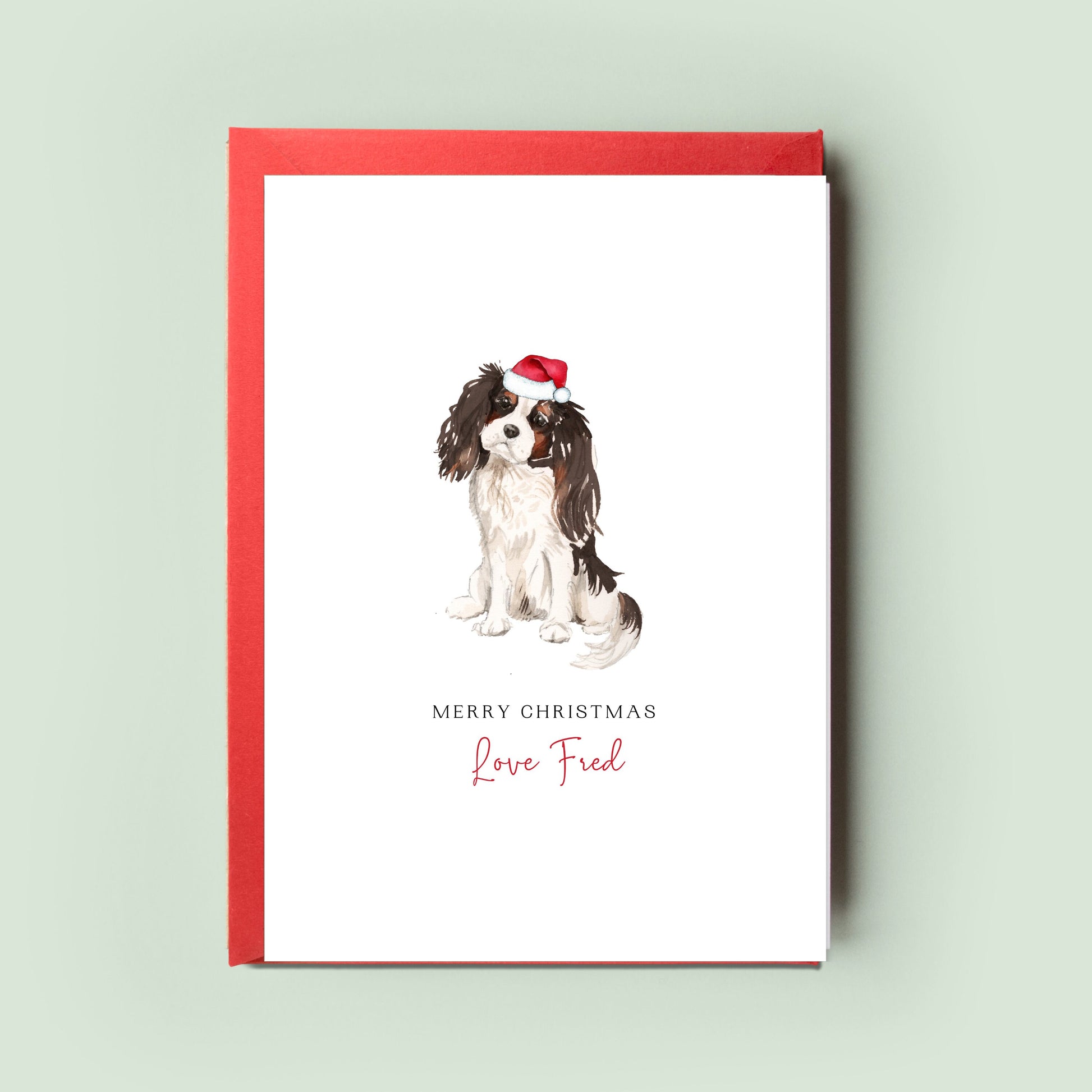 Elegant King Charles Cavalier Christmas Card, uniquely crafted to convey warm festive wishes from the dog to the dog mum and dad.