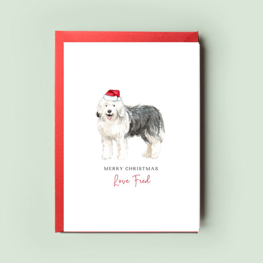 Beautiful Personalised Old English Sheepdog Christmas Card, a Paw Card crafted with love for Pet Christmas, perfect for Dog Dad or Dog Mum.