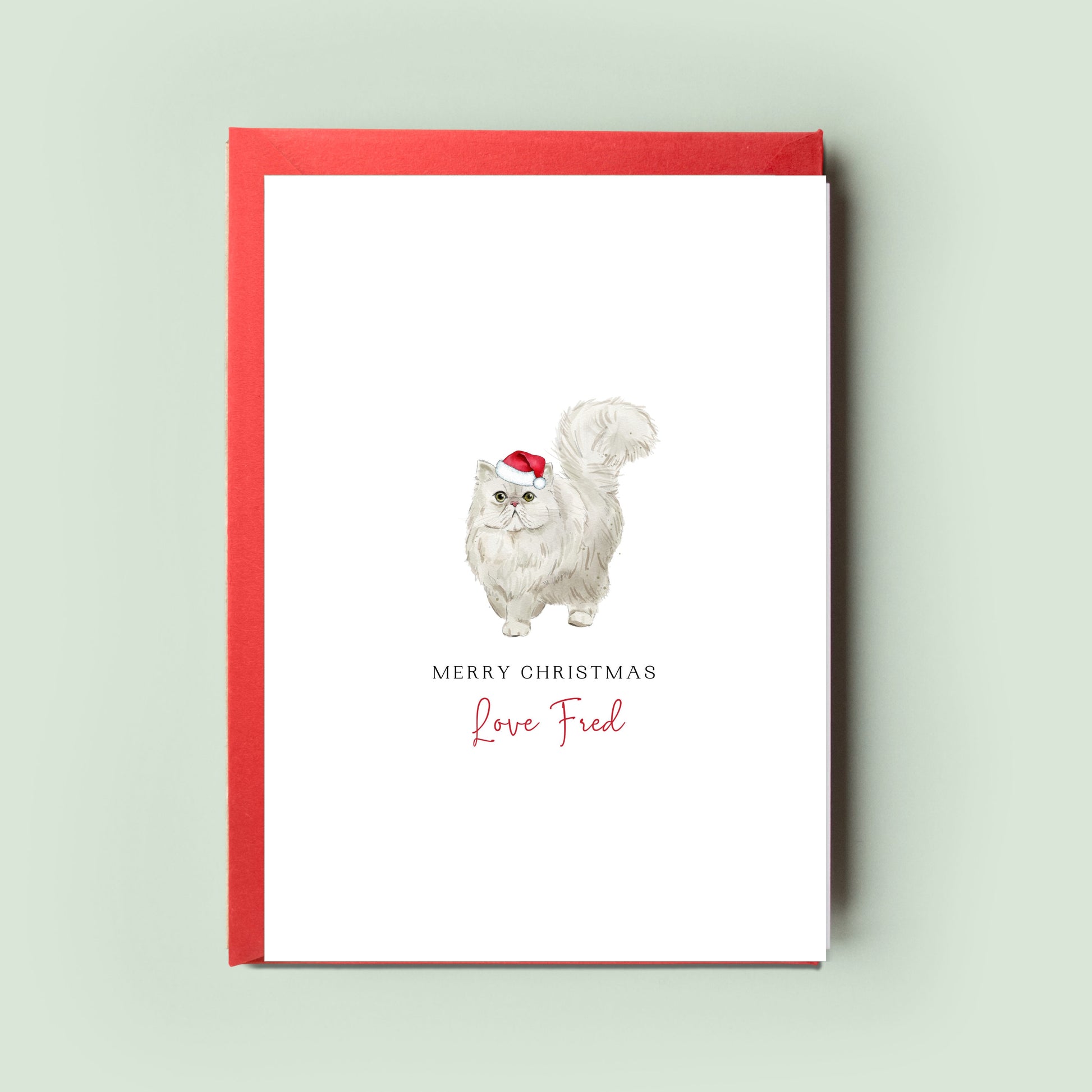 Elegant Persian Cat Christmas Card, uniquely designed and personalised for Cat Mum and Cat Dad, the ideal holiday greeting from your beloved feline friend.