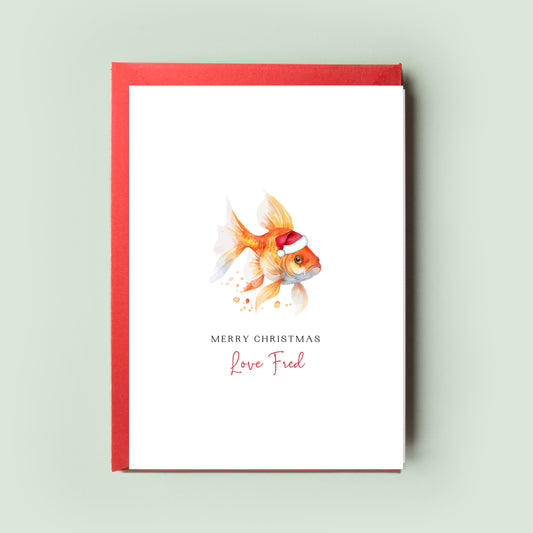 Exquisite Personalised Goldfish Christmas Card showcasing festive artwork, perfect for sending a special holiday message from the goldfish to Fish Mum & Fish Dad.