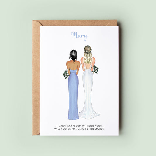 A customisable junior bridesmaid proposal card with options for personalisation of name, hairstyle, dress, and skin tone.