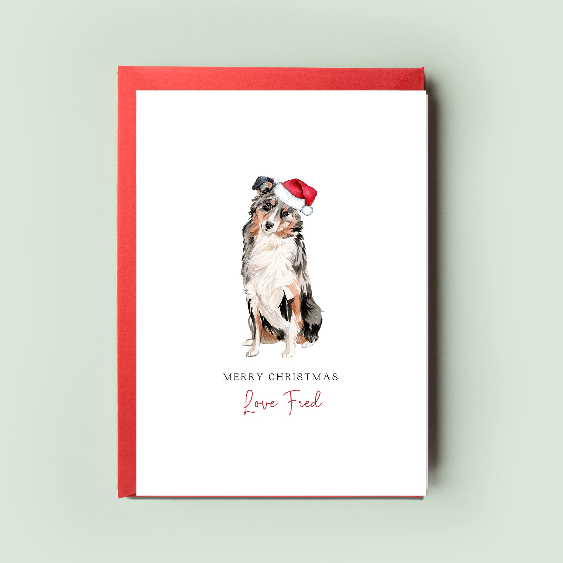 Beautiful Australian Shepherd Christmas Card with a personalised touch, the ideal pet card from the Dog, perfect for gifting to Dog Dad or Dog Mum.