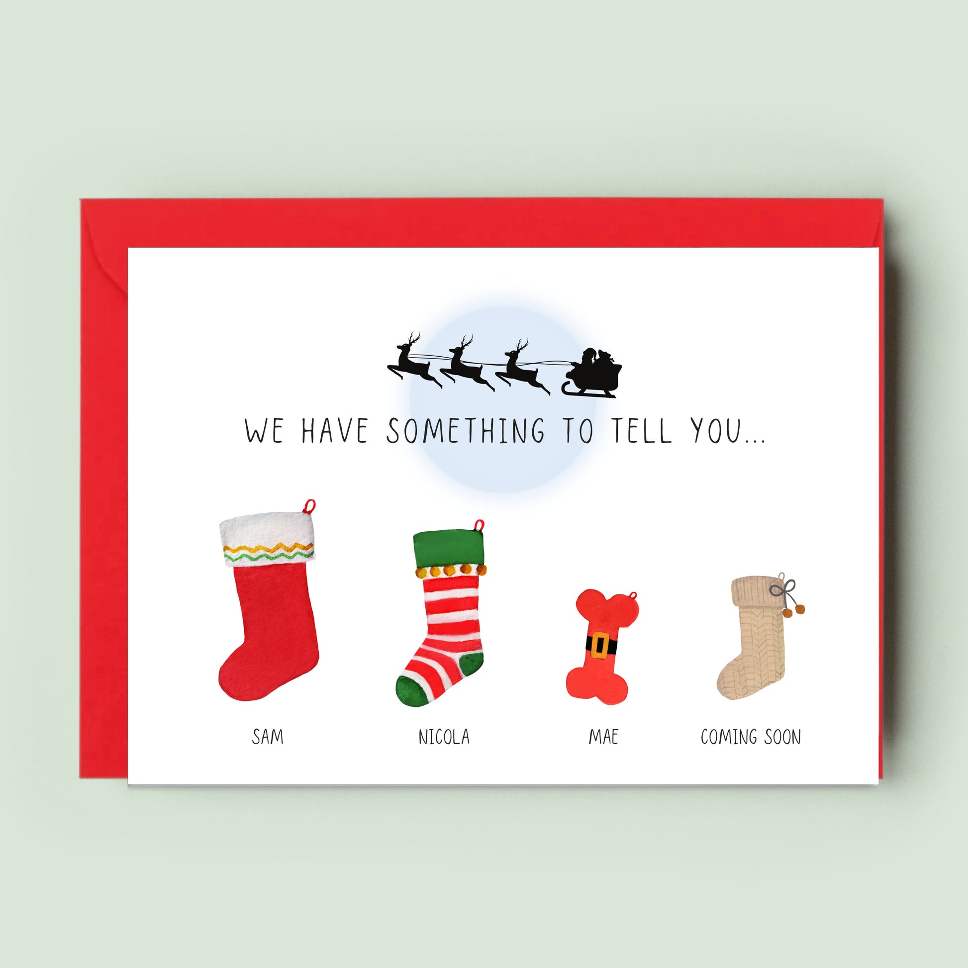 Ink and Fred&#39;s Personalised Christmas Surprise Pregnancy Card with customisable stockings, perfect for an unforgettable holiday baby announcement.