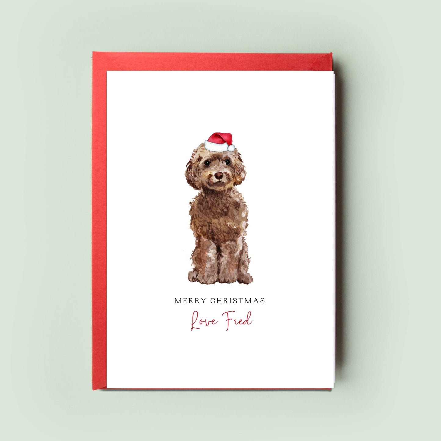 Charming Cockapoo Christmas card, available in black, golden, brown or champagne. A heartfelt greeting from the dog, this card is a perfect surprise for dog dad or dog mum.