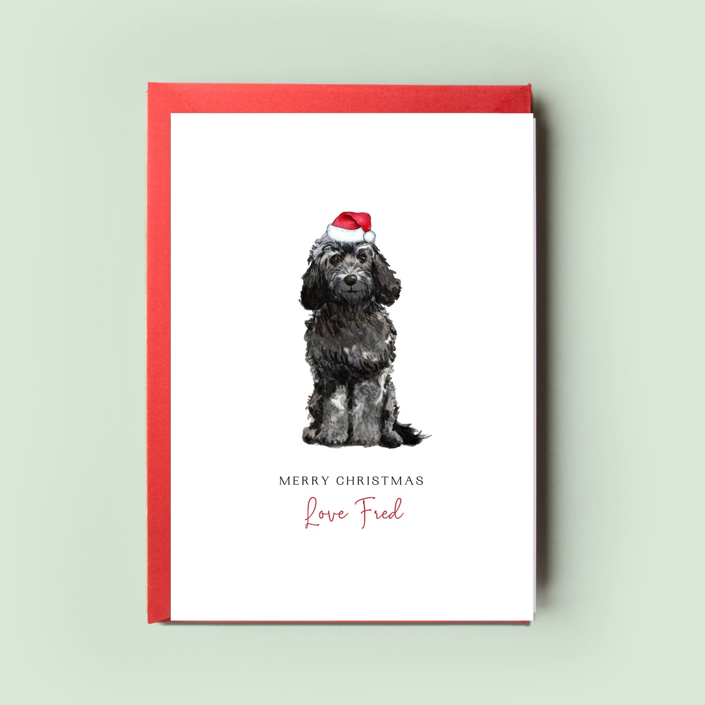 Charming Cockapoo Christmas card, available in black, golden, brown or champagne. A heartfelt greeting from the dog, this card is a perfect surprise for dog dad or dog mum.