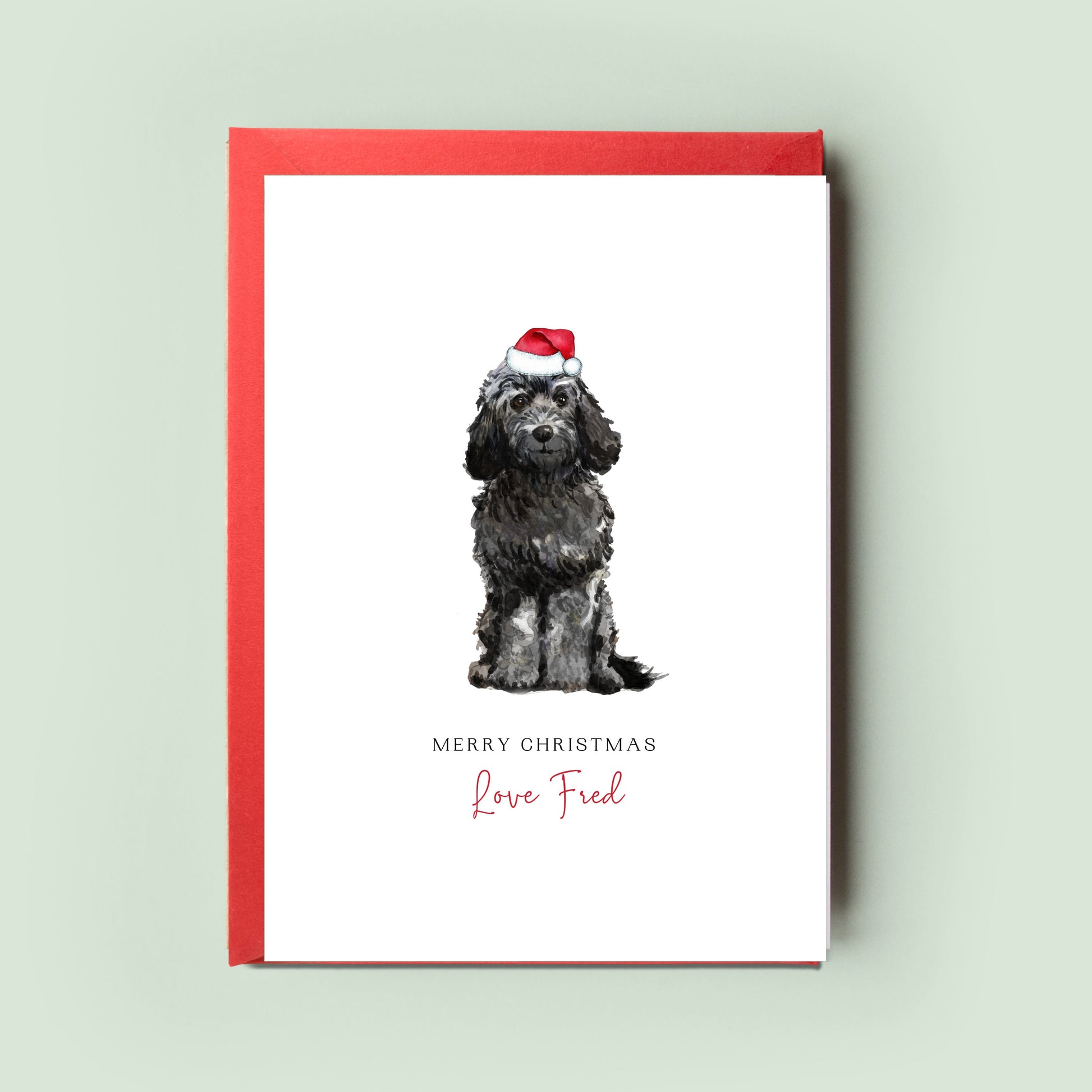 Charming Cockapoo Christmas card, available in black, golden, brown or champagne. A heartfelt greeting from the dog, this card is a perfect surprise for dog dad or dog mum.