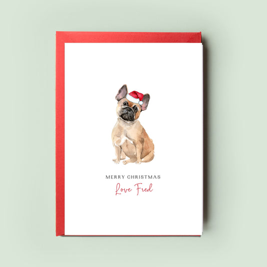 Charming French Bulldog Christmas card, lovingly designed for dog dad and dog mum, showcasing the playful spirit of your Frenchie, perfect as a special holiday greeting.