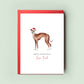 A festive Greyhound Christmas card, uniquely crafted for dog parents, capturing the elegance and grace of the Greyhound breed, perfect holiday greeting from the dog.