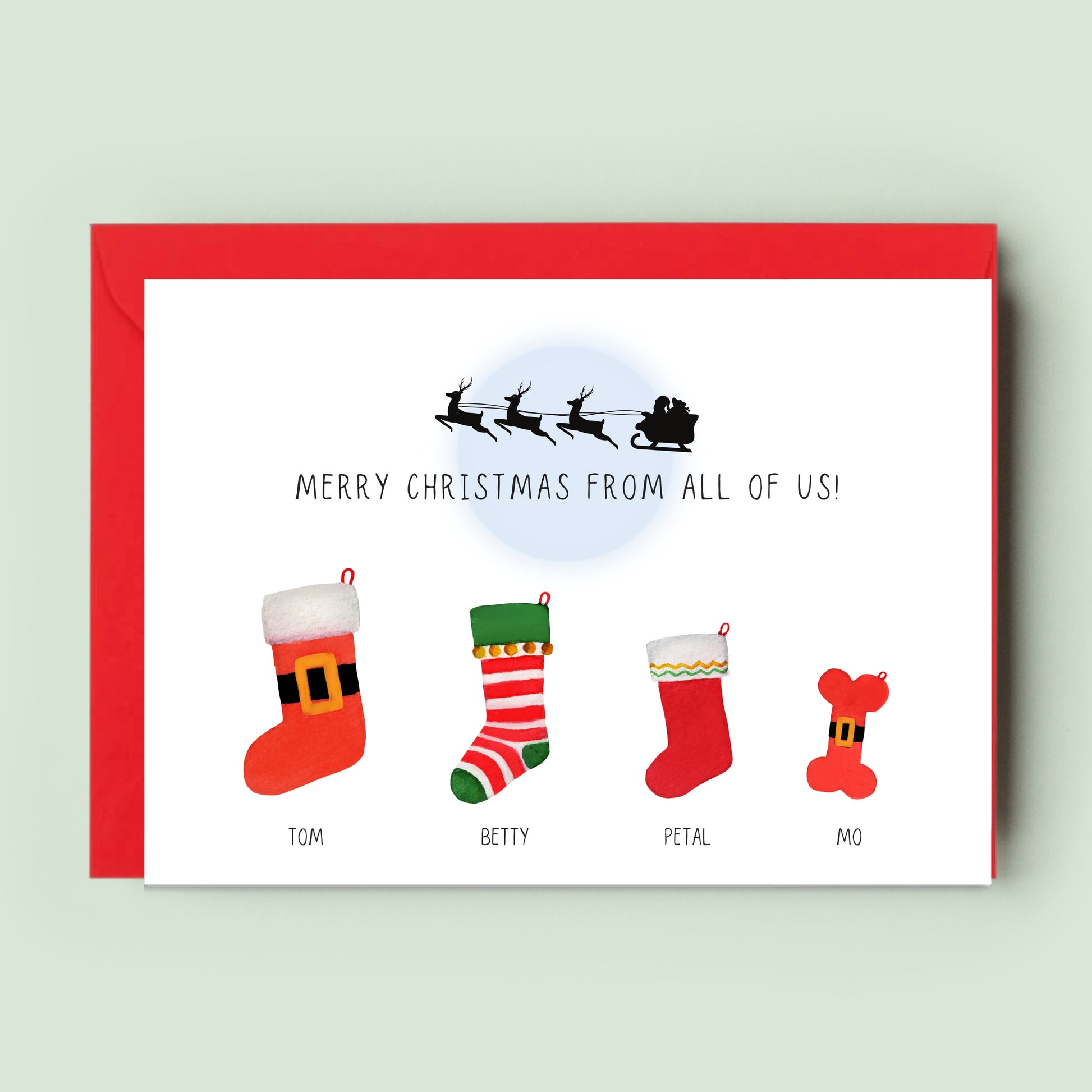 Ink and Fred&#39;s multi-pack of customisable Christmas cards showcasing festive stockings representing family members, available in various pack sizes.