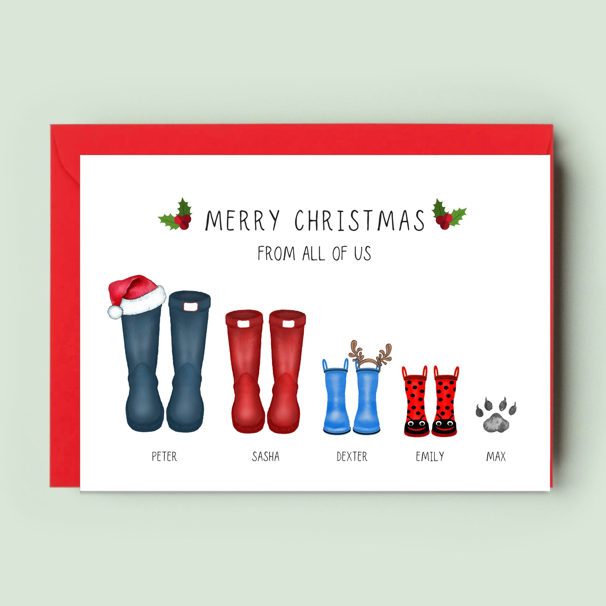 Pack options of Ink and Fred&#39;s customisable Christmas cards, featuring a unique family print design, illustrating the essence of holiday togetherness.