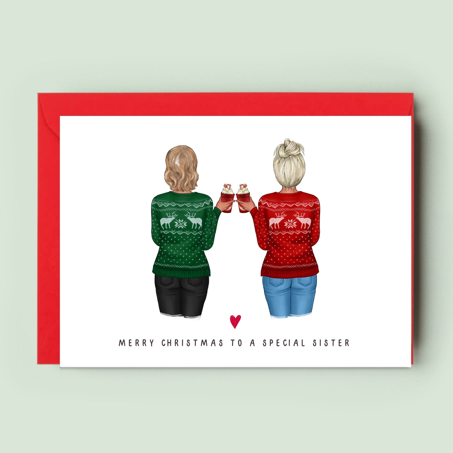 Bespoke Ink and Fred Christmas card customised with skin tone, hairstyle, and festive attire to perfectly represent your beloved female family members and friends.