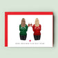 Personalised Christmas card featuring customisable illustrations of two friends in festive jumpers, tailored to your chosen hairstyles, hair colours, and skin tones