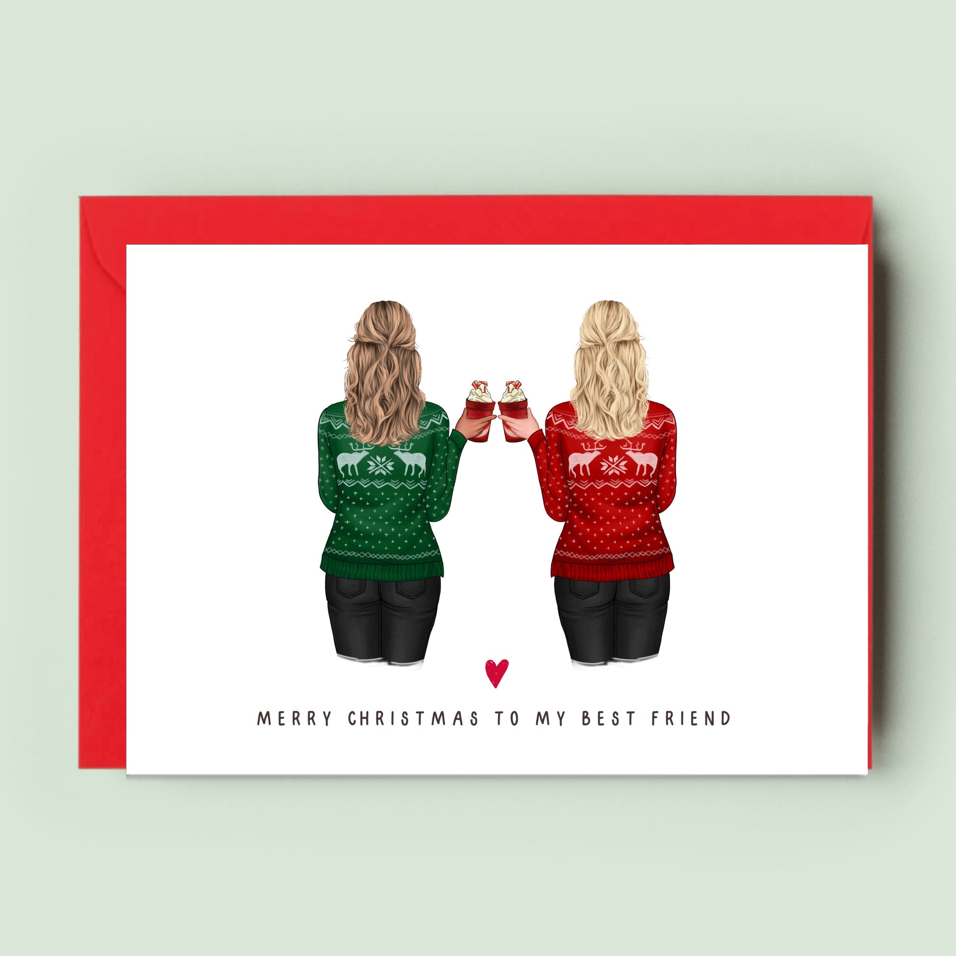 Personalised Christmas card featuring customisable illustrations of two friends in festive jumpers, tailored to your chosen hairstyles, hair colours, and skin tones