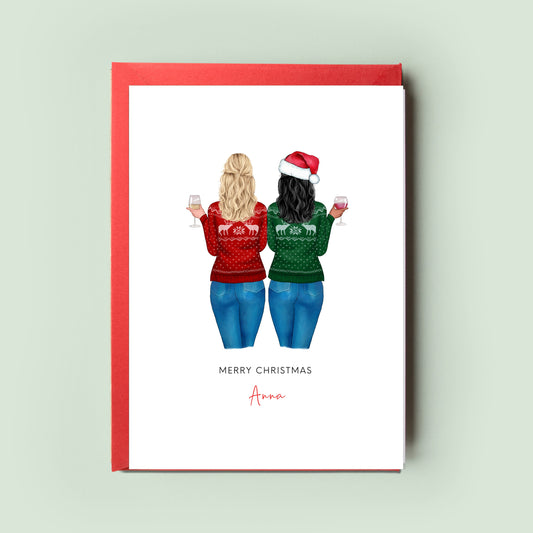 Customisable Christmas card showcasing two figures in festive attire, with options to modify hairstyles, hair colours, skin tones, jeans, and jumpers