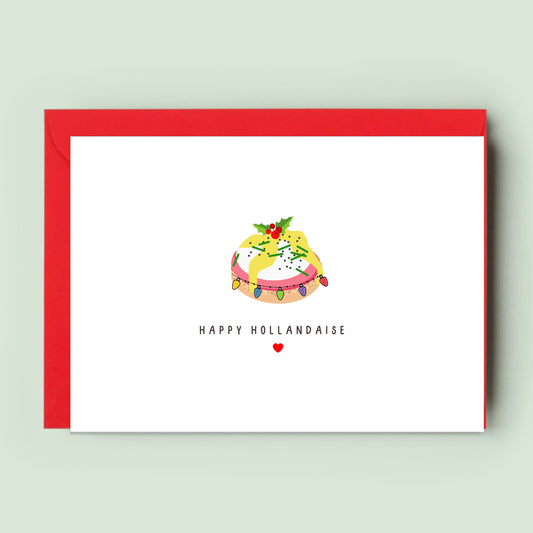 Delightful &#39;HAPPY HOLLANDAISE&#39; Christmas Card featuring a delicious illustration of Eggs Benedict, perfect for sending a serving of festive humor and culinary cheer.