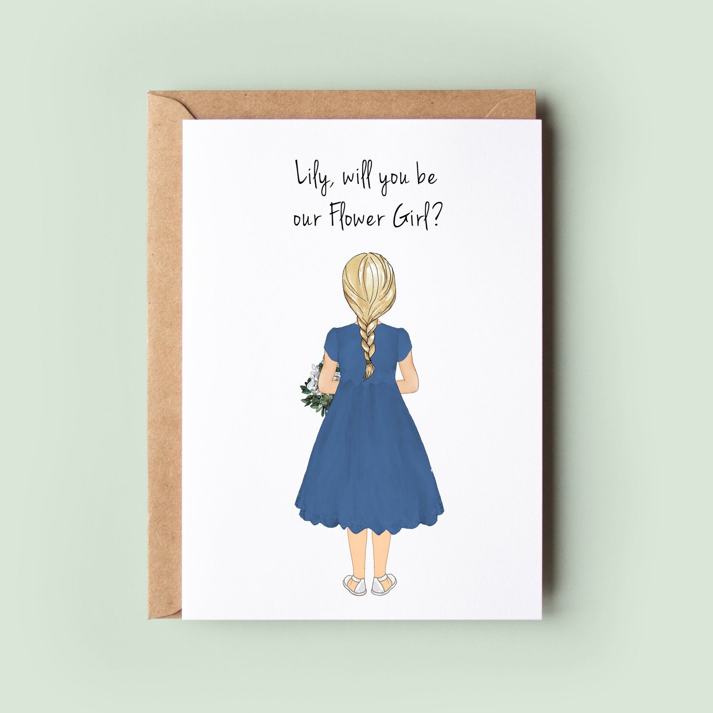 A personalised Flower Girl/Junior Bridesmaid card featuring a customised flower girl dress, skin tone, hair, and text.