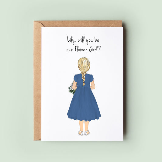 A personalised Flower Girl/Junior Bridesmaid card featuring a customised flower girl dress, skin tone, hair, and text.