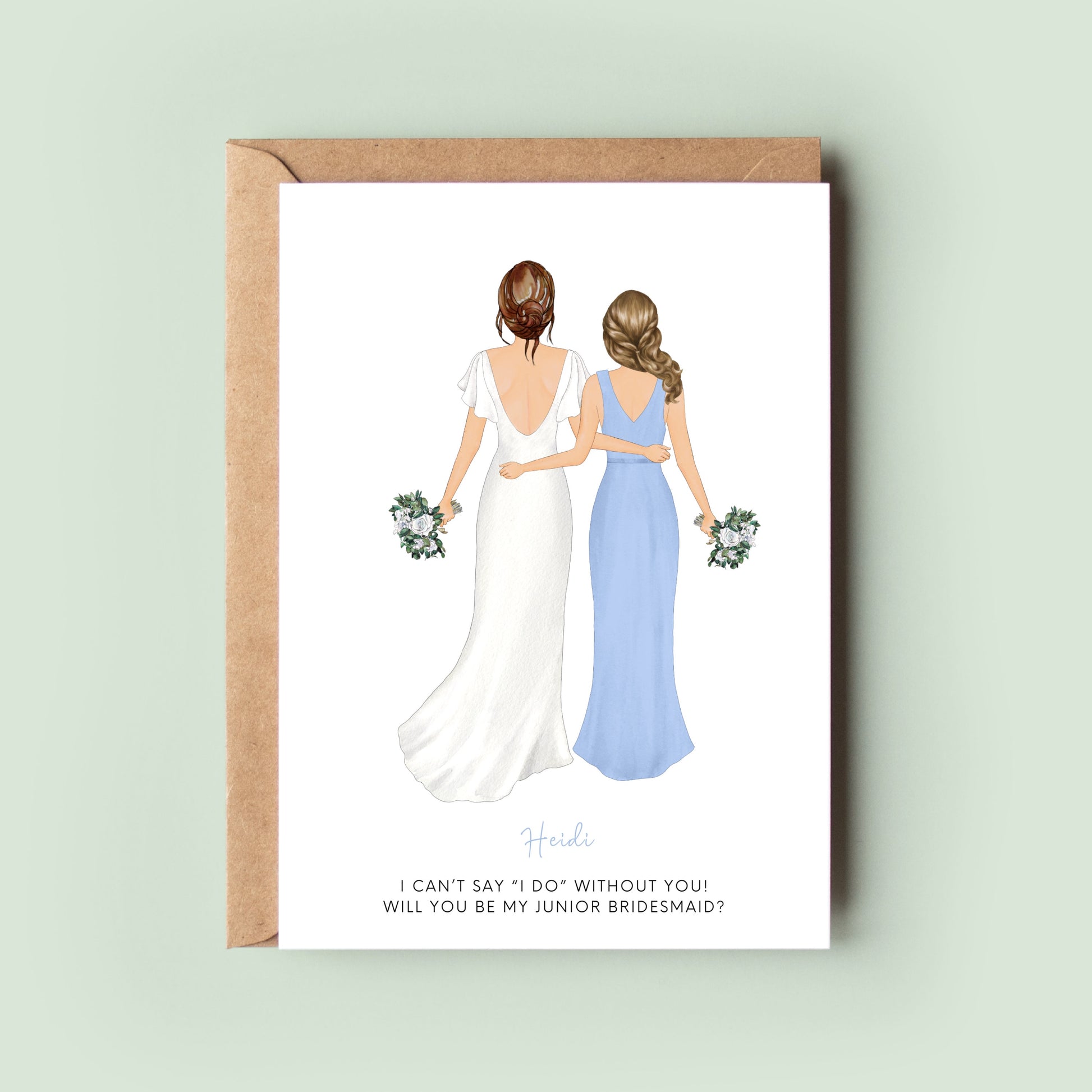 A heartfelt Junior Bridesmaid Proposal Card by Ink and Fred, featuring personalised illustrations and text, a perfect way to ask a special girl to be your junior bridesmaid.