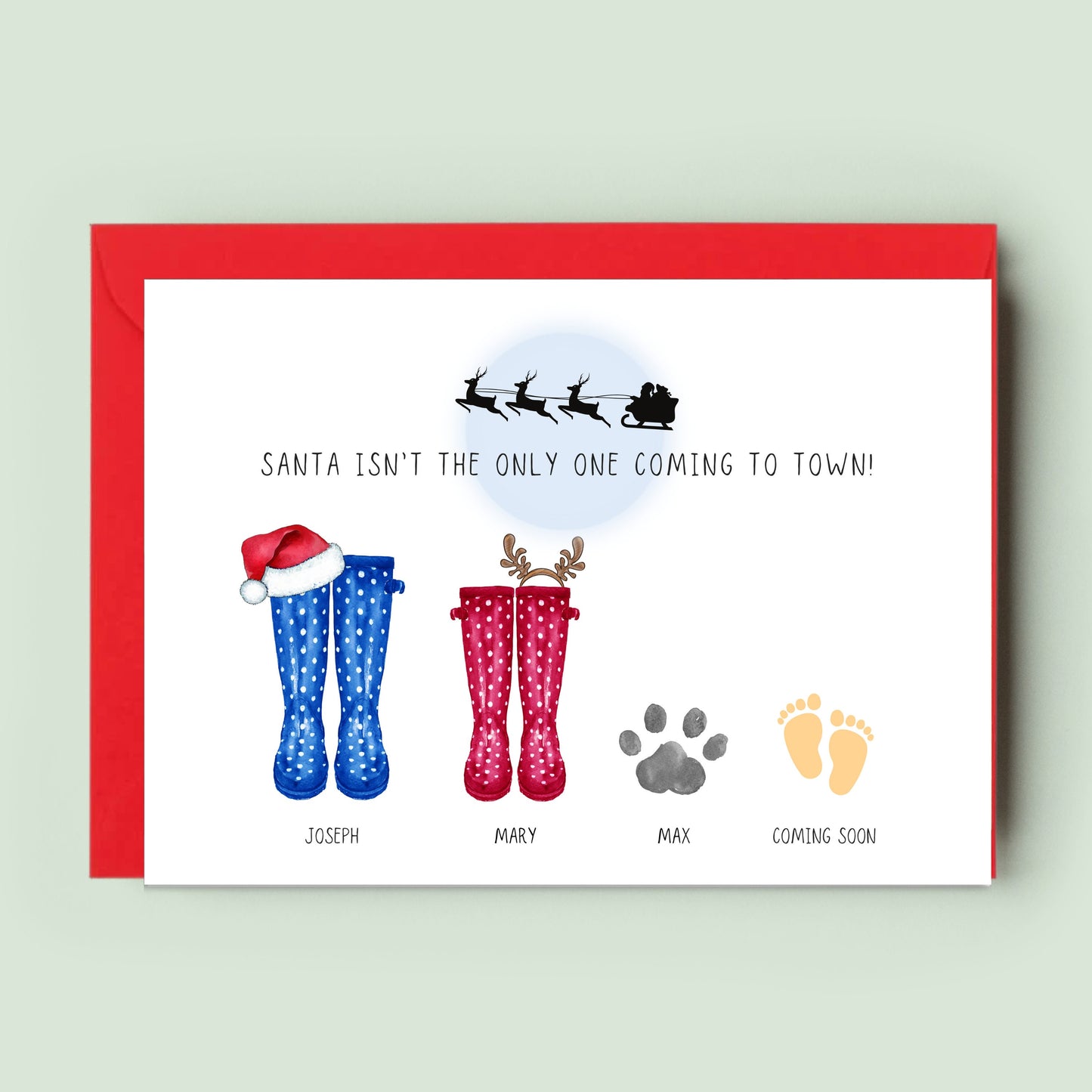 Ink and Fred&#39;s festive Christmas Card with customised wellies or adorable baby footprint, perfect for a holiday season pregnancy surprise.